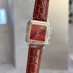 Copy Cartier Panthere De Red Dial Rose Gold Bezel Brown Leather Strap Watch